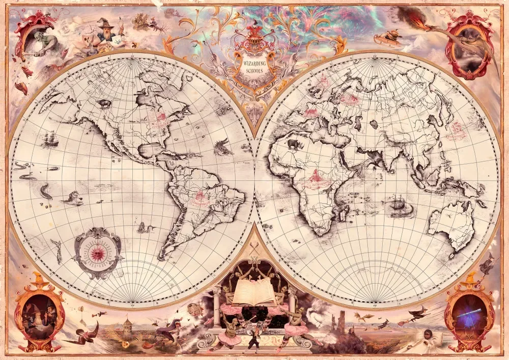 Illustrated fantasy world map from Harry Potter, showing the global setting of wizarding schools with a vintage-style world map surrounded by magical creatures, wizards, and decorative fantasy elements.