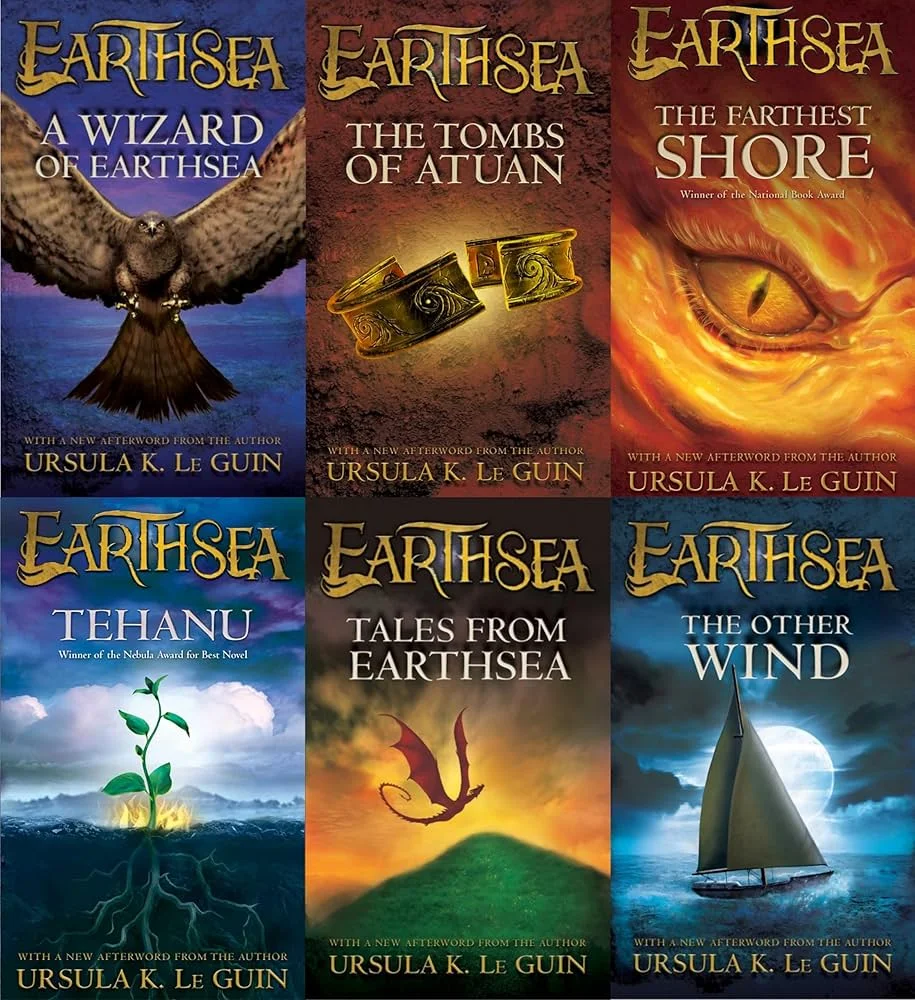 Cover collage of Ursula K. Le Guin’s Earthsea series, showing six fantasy book covers that represent the richly imagined world of Earthsea, a landmark example of speculative worldbuilding in literature.