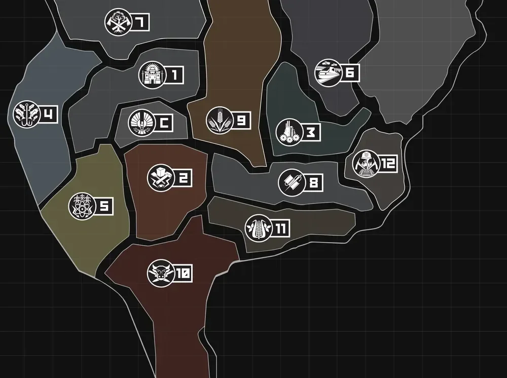 Official The Hunger Games fan map shared on Twitter, showing Panem divided into 13 districts around the Capitol, with each district marked by a number and an emblem.