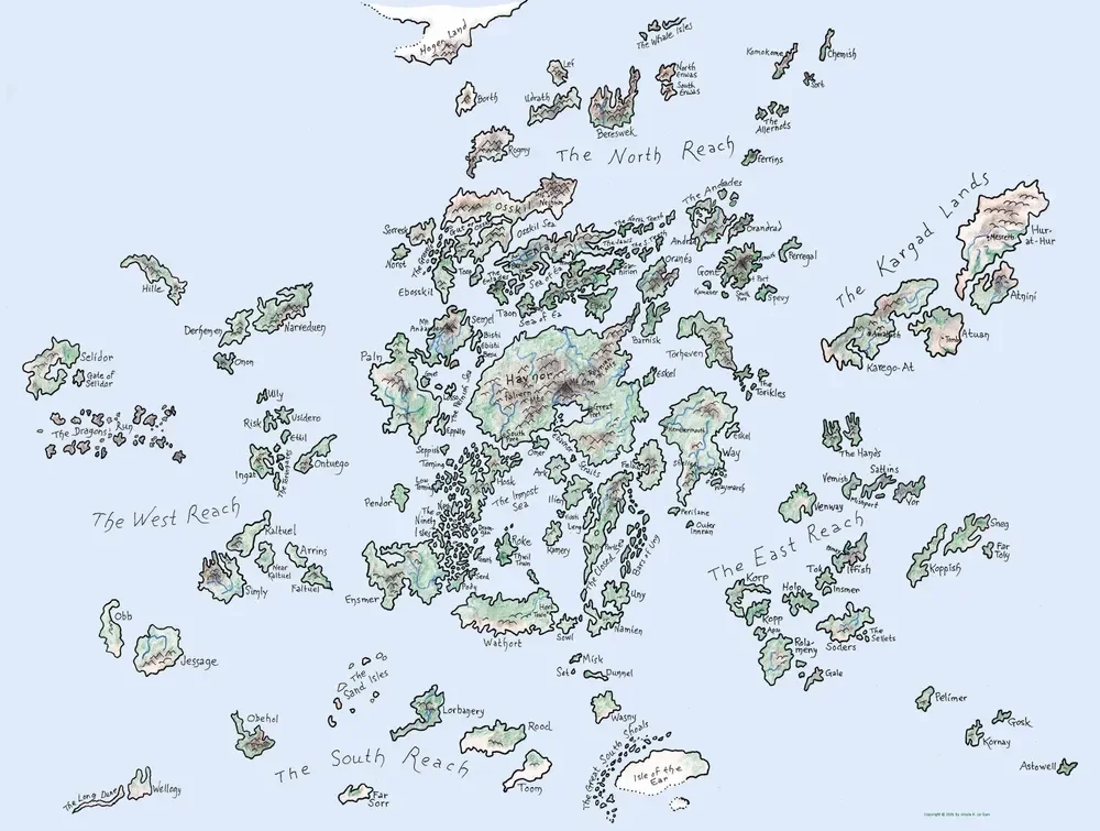 Hand-drawn map of Earthsea by Ursula K. Le Guin, showing the fictional archipelago world of the story with scattered islands, regional names, and a soft watercolor-style fantasy map design.