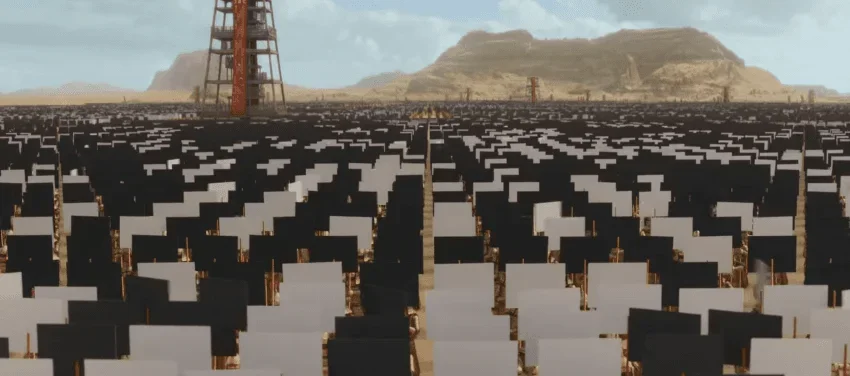 Wide desert scene from Netflix’s 3 Body Problem, featuring an enormous grid of black-and-white structures spread across the landscape beneath a cloudy sky.