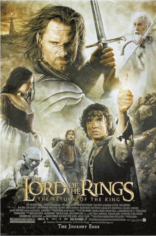 Poster for The Lord of the Rings: The Return of the King, featuring Aragorn, Frodo, Gandalf, Arwen, Sam, and Gollum in a dramatic fantasy composition.
