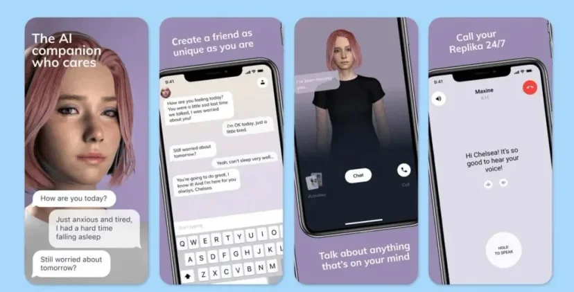 Screenshot of the Replika app interface showing a personalized AI avatar and the tagline "The AI companion who cares," illustrating the platform's emotional companionship positioning.