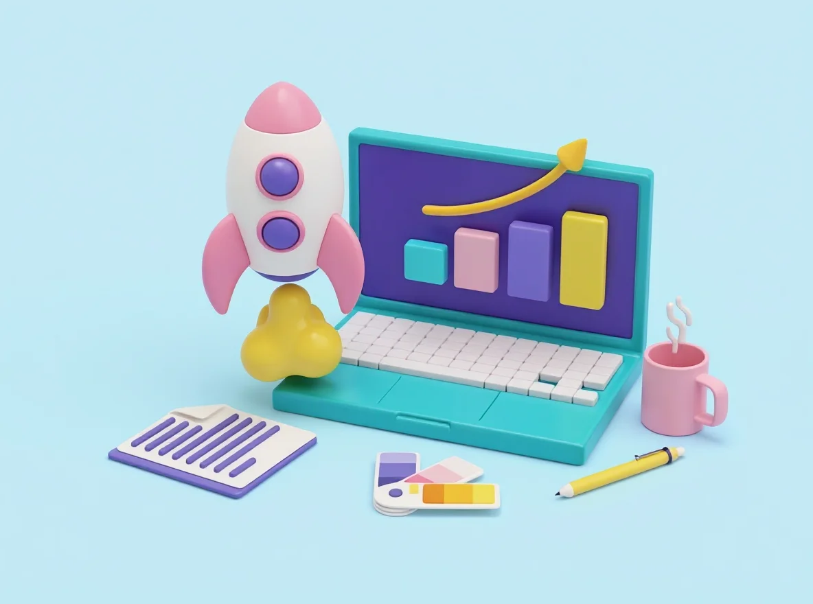 온라인 창업 마케팅과 매출 성장을 나타내는 그래프와 노트북 3D 일러스트