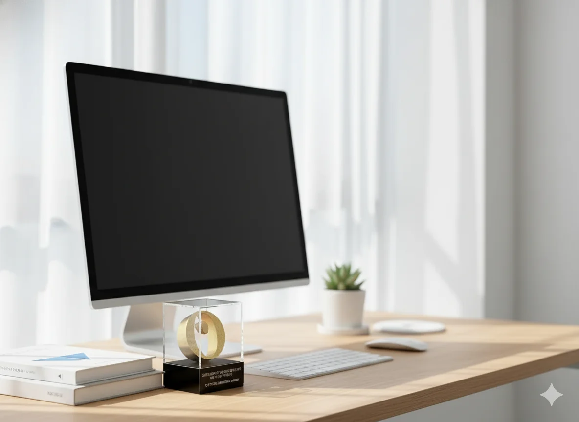  사무실 책상 위에 놓인 미니 트로피