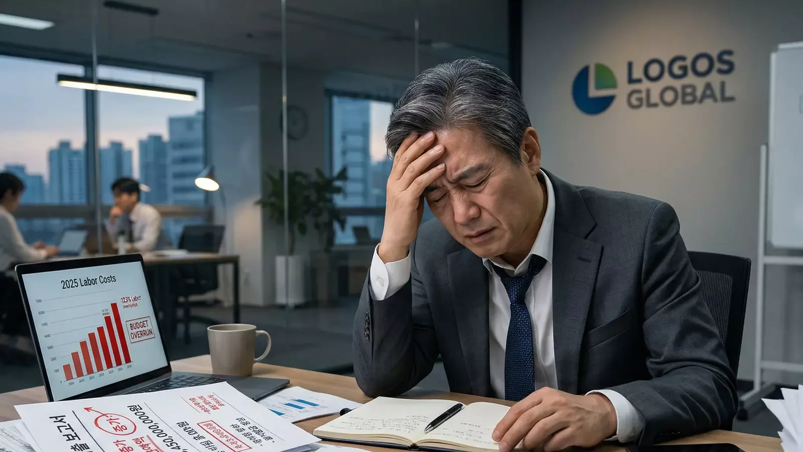 사무실 책상에서 머리를 감싸 쥐고 고민하는 중년 남성 CEO - 2025년 인건비 예산 초과(BUDGET OVERRUN) 및 경영 위기 상황에서의 재무 관리 스트레스