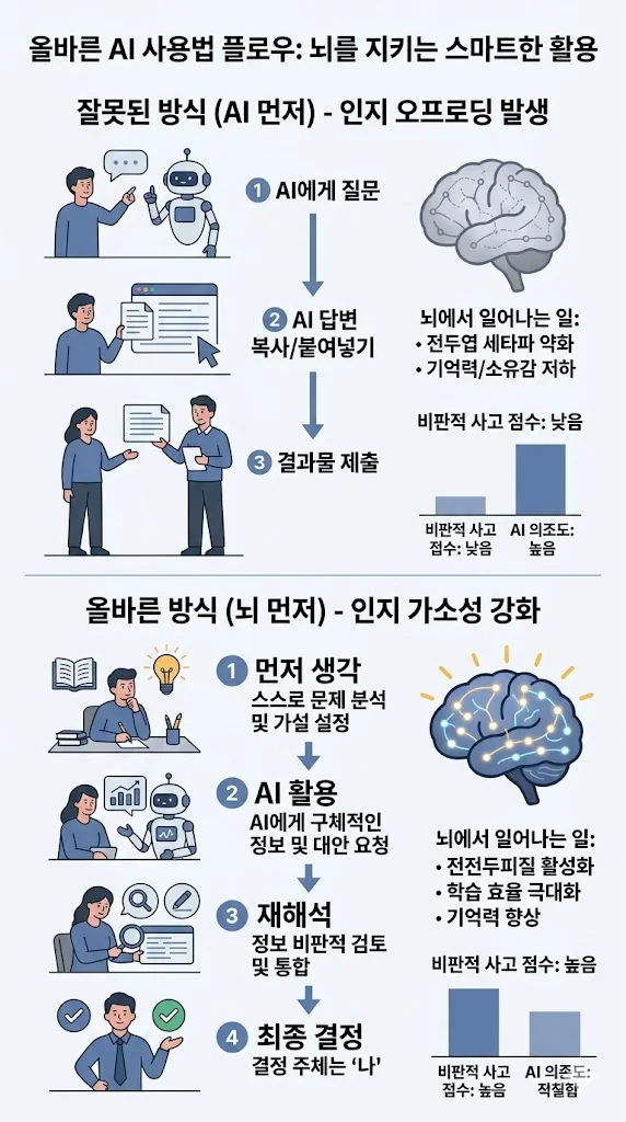 올바른 AI 사용법 플로우를 보여주는 뇌과학 인포그래픽. AI 먼저 사용 시 발생하는 인지 오프로딩(전두엽 세타파 약화)과 뇌 먼저 사용 시 나타나는 인지 가소성 강화(전전두피질 활성화) 과정을 4단계로 비교 분석했습니다.