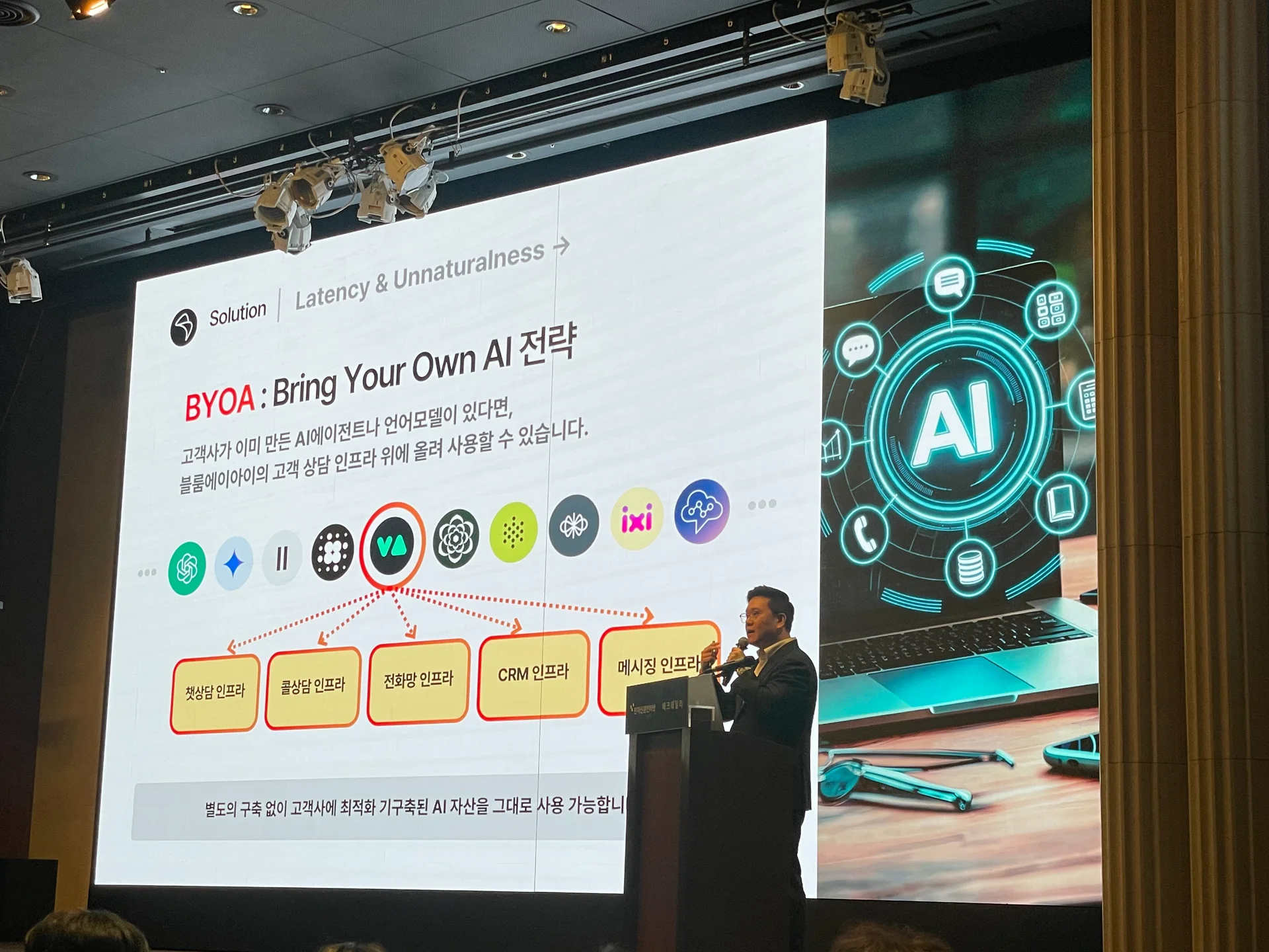 블룸에이아이(Blumn AI) 이인영 본부장이 'BYOA' 전략에 대해서 설명하고 있다.