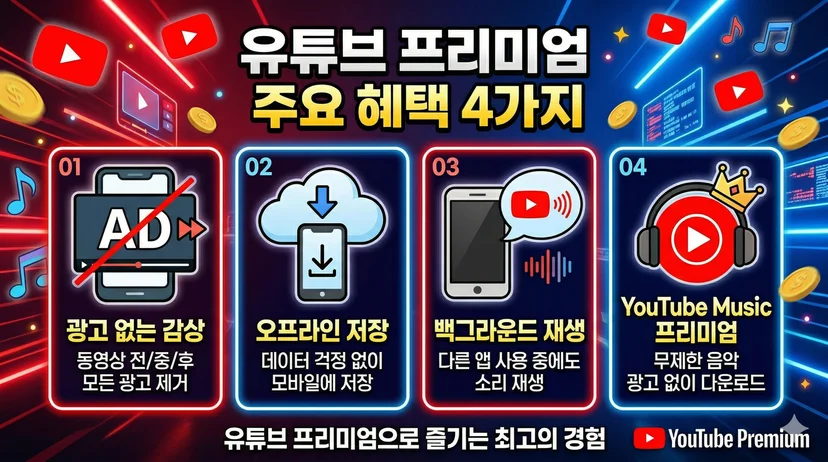 유튜브 프리미엄 혜택 4가지 아이콘 인포그래픽