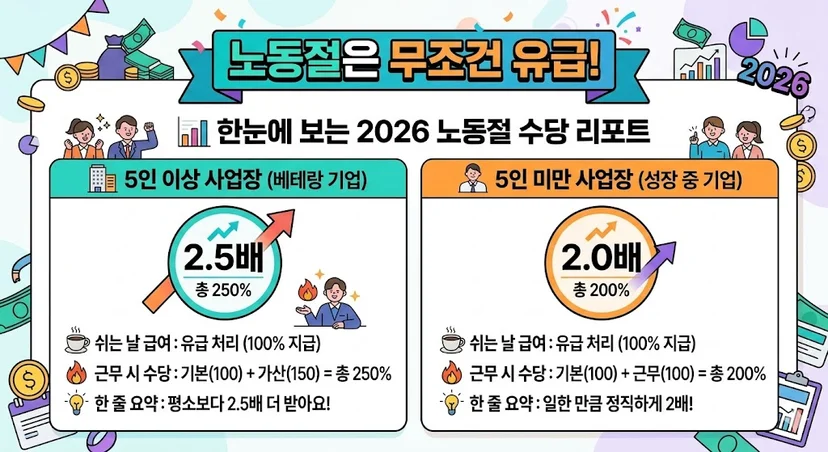 2026년 노동절 명칭 변경 안내 및 5인 이상 사업장 250%, 5인 미만 사업장 200% 수당 계산법 비교 인포그래픽