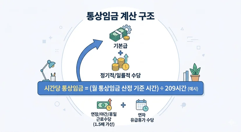 기본급과 정기 수당을 합쳐 월 통상임금을 구하고, 이를 209시간으로 나누어 시간당 통상임금을 산출하는 구조를 설명하는 인포그래픽
