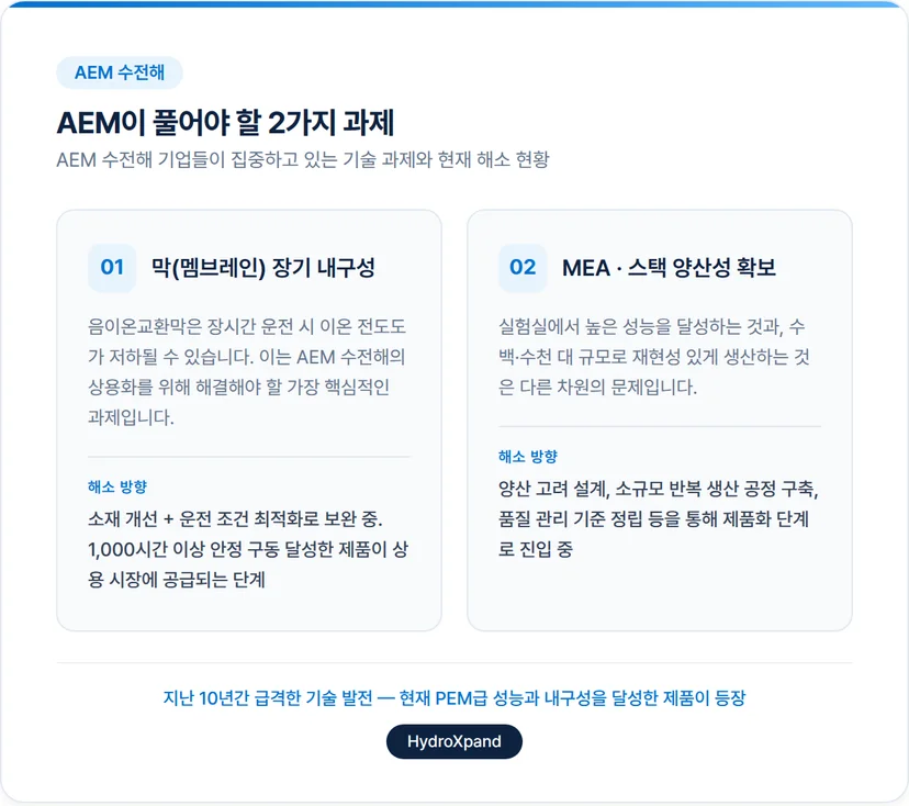 AEM 수전해 기술의 2가지 과제