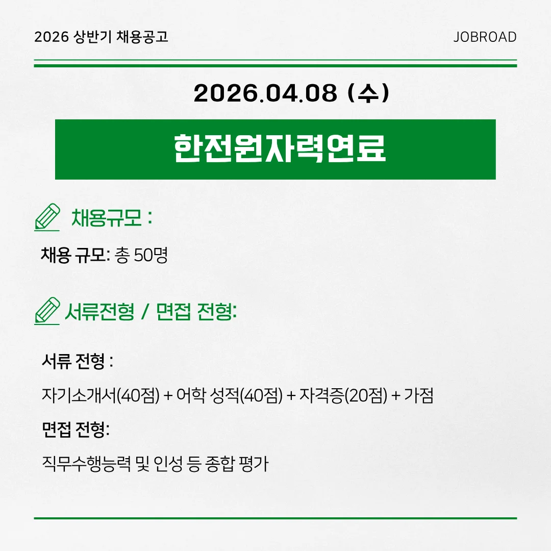 한전원자력연료 2026년 상반기 체험형 청년인턴 채용