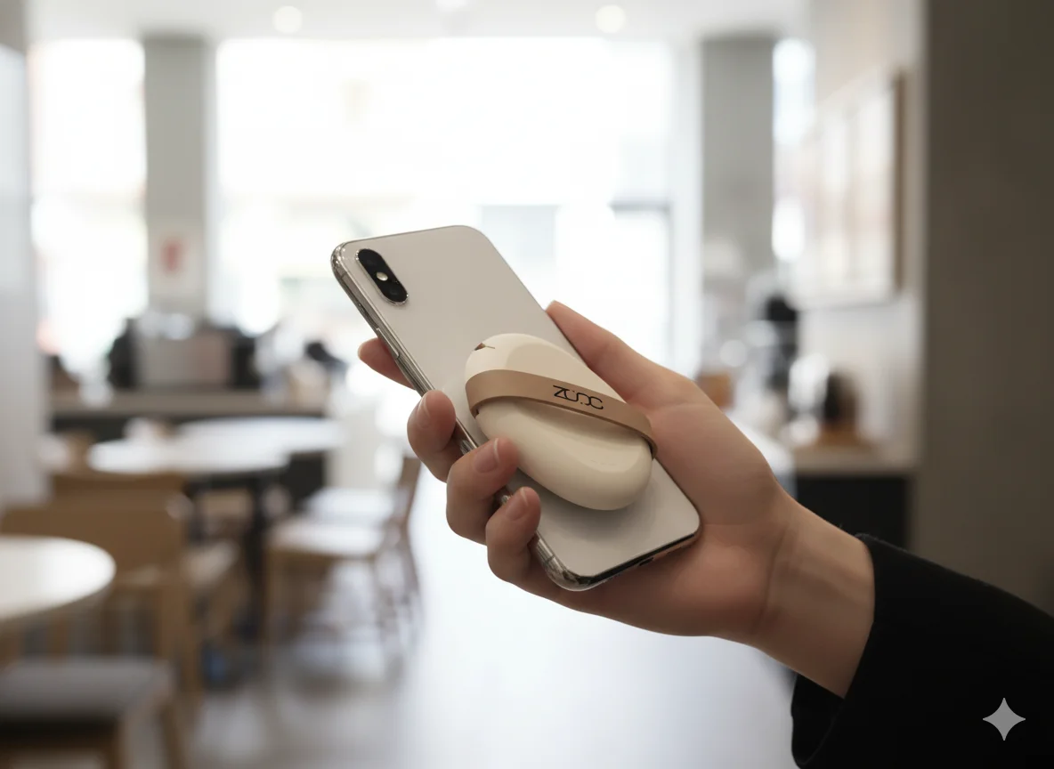 스마트폰 뒤에 부착된 이색 굿즈 안저니