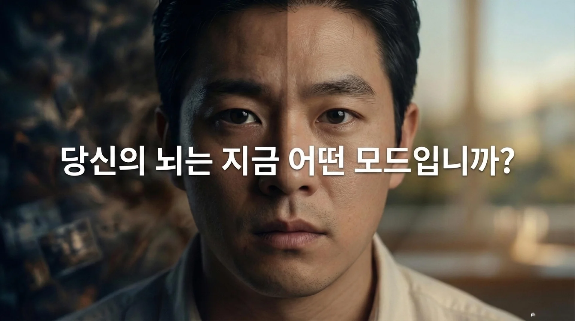 남성의 얼굴 클로즈업. 왼쪽 절반은 어두운 도시 배경으로 불안한 표정이고, 오른쪽 절반은 밝은 배경으로 차분한 표정이다. 화면 중앙에 '당신의 뇌는 지금 어떤 모드입니까?'라는 텍스트가 표시되어 있다.