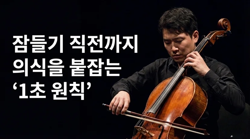 검은 배경의 무대에서 눈을 감고 첼로를 연주하는 남성. 화면 왼쪽에 '잠들기 직전까지 의식을 붙잡는 1초 원칙'이라는 흰색 대형 텍스트가 표시되어 있다.