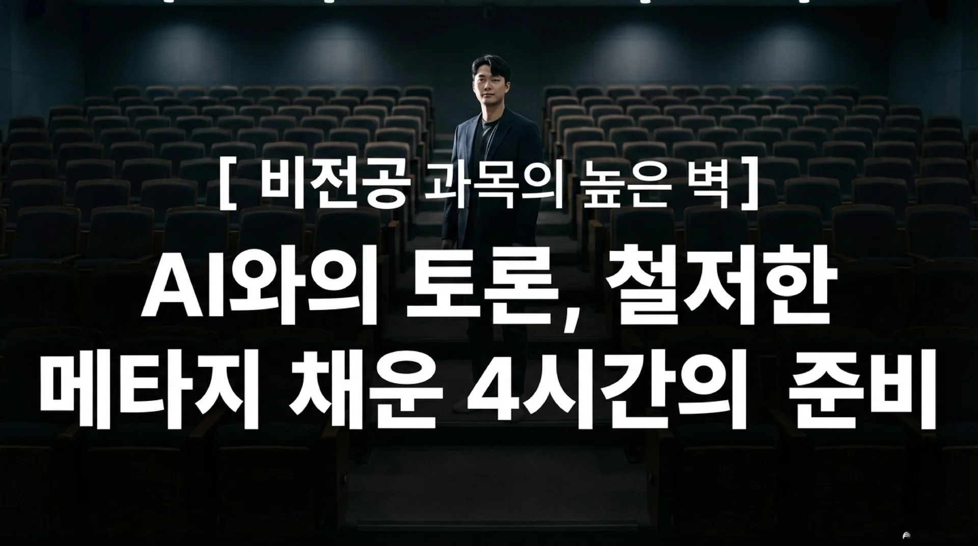 어두운 대형 강의실 좌석 사이에 홀로 서 있는 남성. 화면 상단에 '[비전공 과목의 높은 벽]', 중앙에 'AI와의 토론, 철저한 메타지 채운 4시간의 준비'라는 흰색 대형 텍스트가 표시되어 있다.