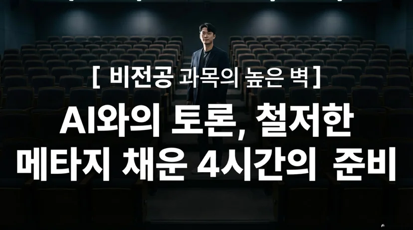 어두운 대형 강의실 좌석 사이에 홀로 서 있는 남성. 화면 상단에 '[비전공 과목의 높은 벽]', 중앙에 'AI와의 토론, 철저한 메타지 채운 4시간의 준비'라는 흰색 대형 텍스트가 표시되어 있다.