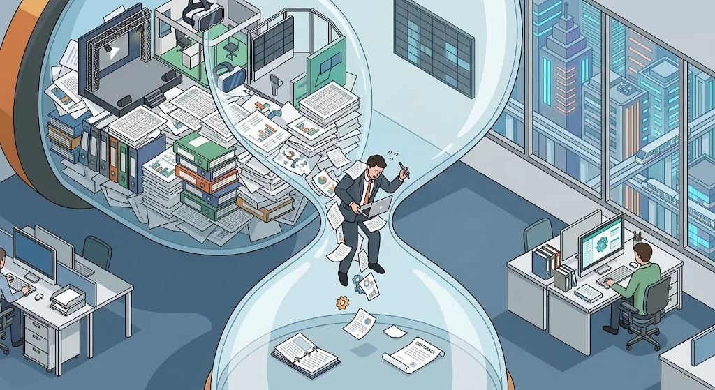 MICE 산업 성장에 따른 행정 병목 현상을 거대한 모래시계로 비유한 아이소메트릭 일러스트. 모래시계 상단에는 화려한 첨단 전시 부스와 산더미처럼 쌓인 서류가 있고, 좁은 목 부분에는 쏟아지는 문서와 노트북을 들고 땀 흘리며 고군분투하는 실무자의 모습이 묘사되어 공공 조달 담당자의 과중한 업무 압박감을 직관적으로 보여줍니다.