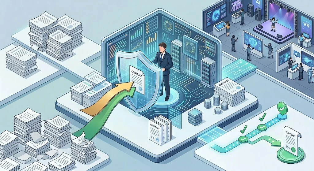 방대한 종이 서류가 보안 방패를 갖춘 디지털 데이터 시스템을 거쳐, 빠르고 투명한 전자 계약으로 안전하게 처리되는 과정을 묘사한 아이소메트릭 일러스트.