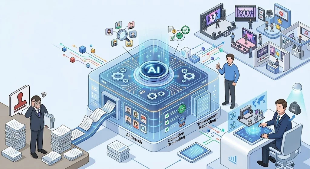 산더미 같은 종이 서류로 고통받는 실무자의 모습과, AI 플랫폼을 통해 업무를 자동화하고 K-박람회를 효율적으로 운영하는 실무자의 모습을 대비하여 스마트 행정의 미래를 묘사한 아이소메트릭 일러스트.