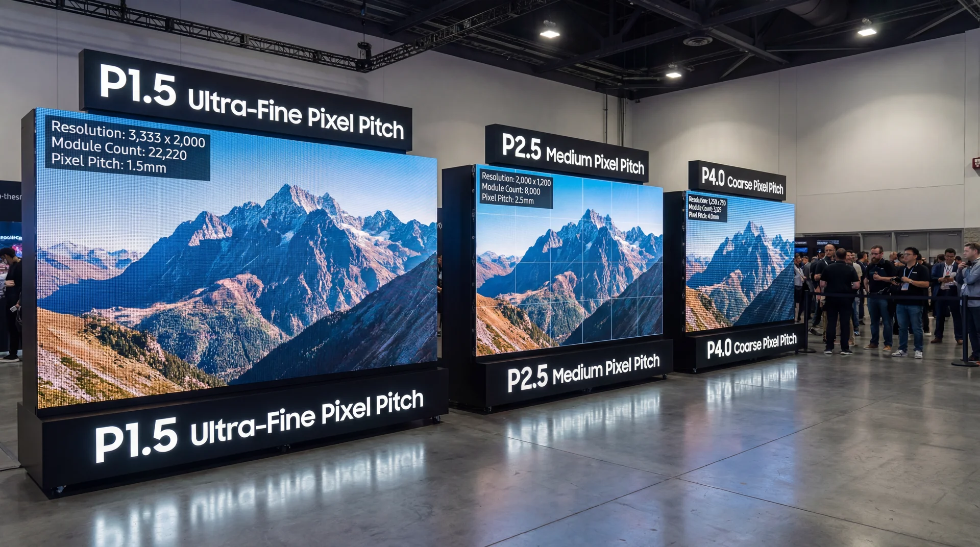 같은 5m×3m LED 전광판이라도 픽셀 피치 P1.5, P2.5, P4.0에 따라 모듈 수량과 가격이 완전히 달라지는 구조를 보여주는 비교 현장