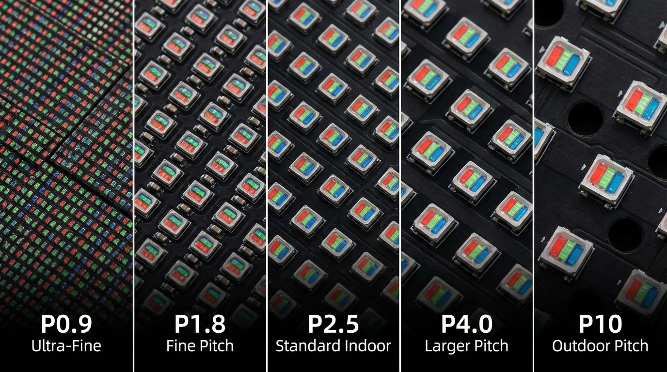 LED 전광판 픽셀 피치(P0.9~P10)와 시청 거리 최적 매칭 차트 – 피치가 작을수록 소자 밀도가 높아져 전광판 가격이 급상승하는 구조 설명