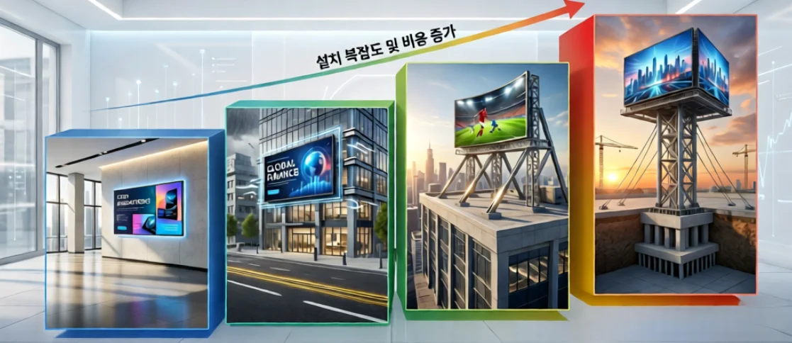 LED 전광판 설치 방식별 비용 구조 단계 인포그래픽 – 실내 벽면 부착(최저)에서 독립형 파이론(최고)까지 설치 방식에 따라 전광판 가격이 2배 이상 차이 나는 도식