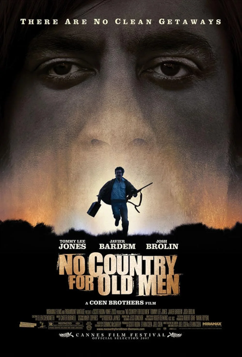 Official poster for No Country for Old Men, the Coen Brothers neo-western crime thriller, featuring a shadowed face, a man running with a rifle and briefcase, dramatic desert scenery, and bold title typography.