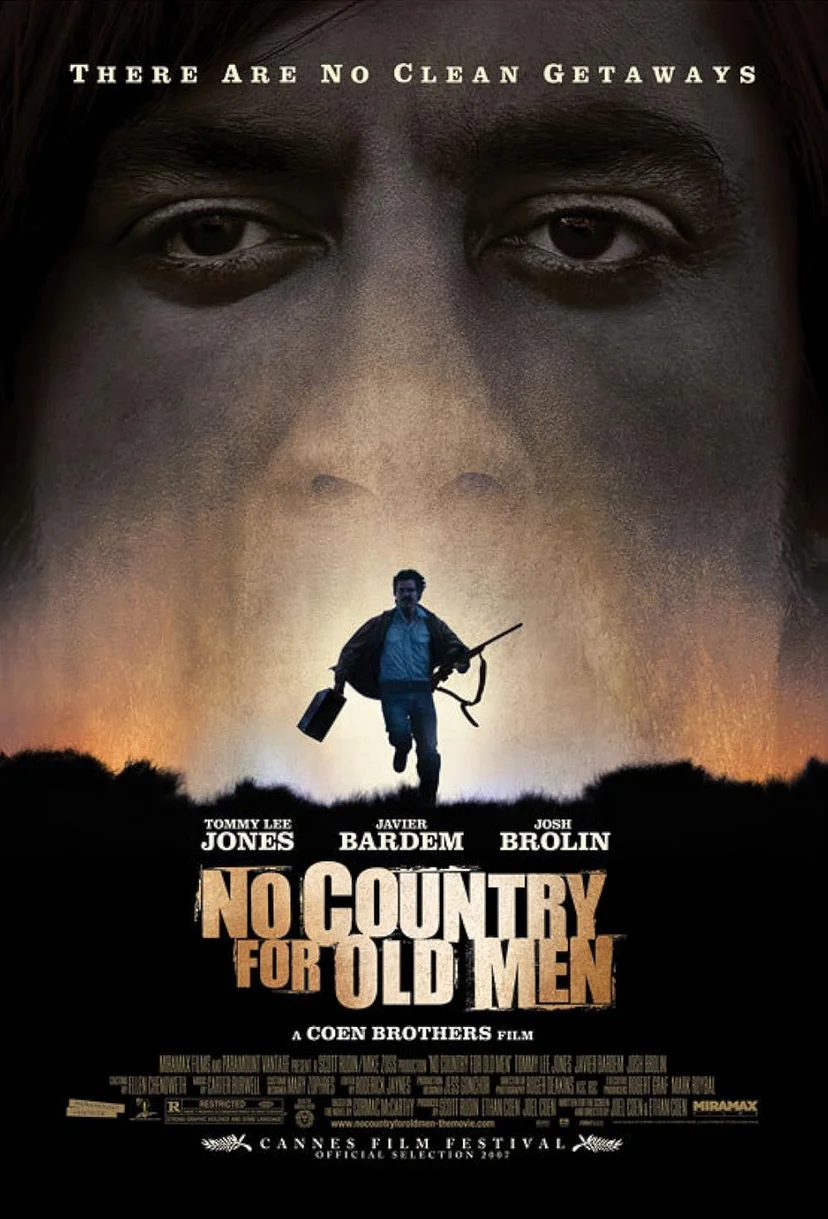 Official poster for No Country for Old Men, the Coen Brothers neo-western crime thriller, featuring a shadowed face, a man running with a rifle and briefcase, dramatic desert scenery, and bold title typography.