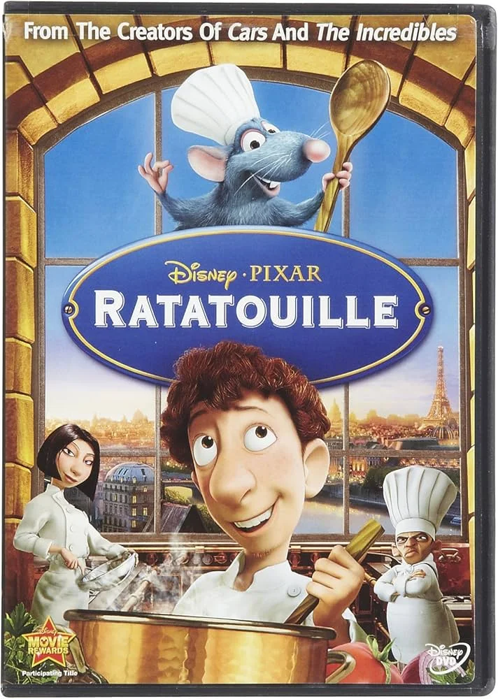 Disney Pixar Ratatouille DVD cover featuring Remy the rat chef, Linguini, Colette, and Skinner, with a Paris skyline, Eiffel Tower, kitchen window, and cooking pot, emphasizing animated cooking adventure and chef themes.