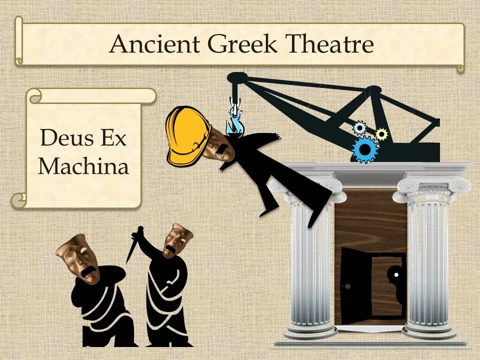 Illustration explaining deus ex machina in ancient Greek theatre. The image shows a classical stage building with columns, a crane lowering a masked figure from above, and two masked performers below. Text in the image reads “Ancient Greek Theatre” and “Deus Ex Machina.” The diagram visualizes the original theatrical device in which a god was lowered onto the stage to resolve the conflict.