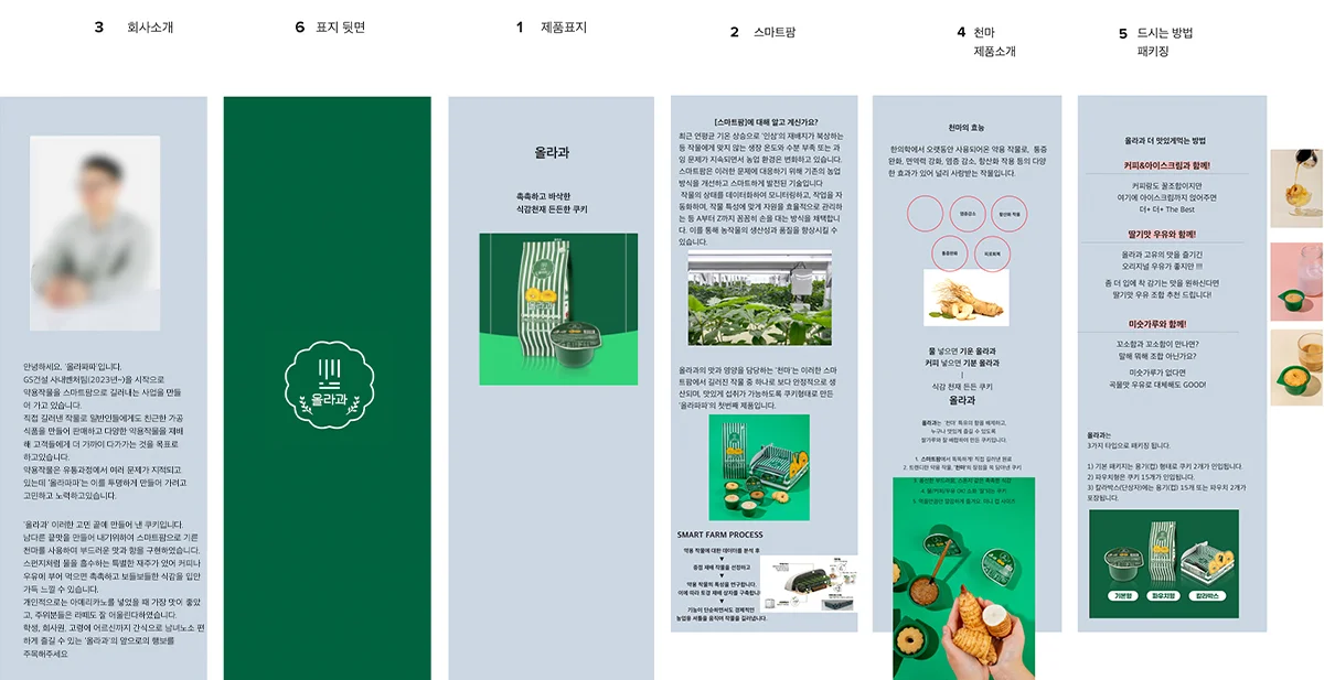 상세페이지 핵심 자산을 6개 지면으로 재배치한 올라과 3단 리플렛 디자인 기획안: 한눈에 들어오는 USP 선정과 가독성 중심의 콘텐츠 아키텍처 캡처