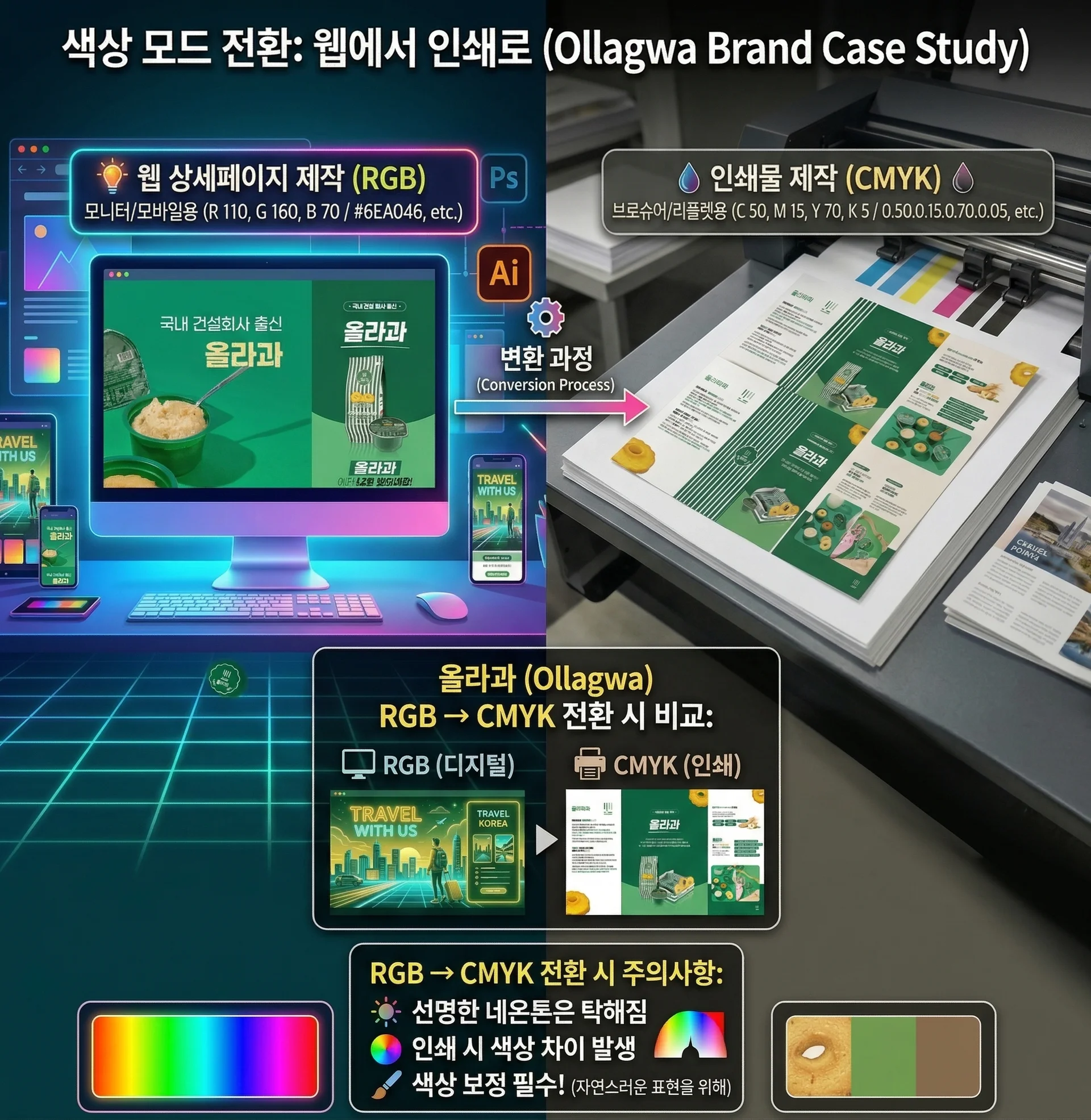비티와이플러스(BTY PLUS)의 인쇄 매니지먼트: 모니터용 가시광선 영역(RGB)과 인쇄용 잉크 영역(CMYK)의 차이를 극복하는 정밀 색상 보정 및 출력 최적화 디자인 과정