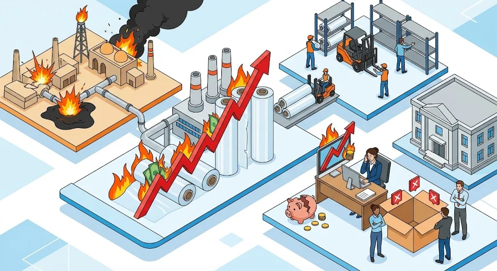 중동 위기로 인한 석유 시설 화재가 비닐 스트레치 필름 가격 폭등으로 이어져, 물류 창고의 재고 부족과 공공기관 구매 담당자의 예산 파탄 및 조달 실패를 유발하는 연쇄적인 과정을 직관적으로 묘사한 아이소메트릭 일러스트입니다.