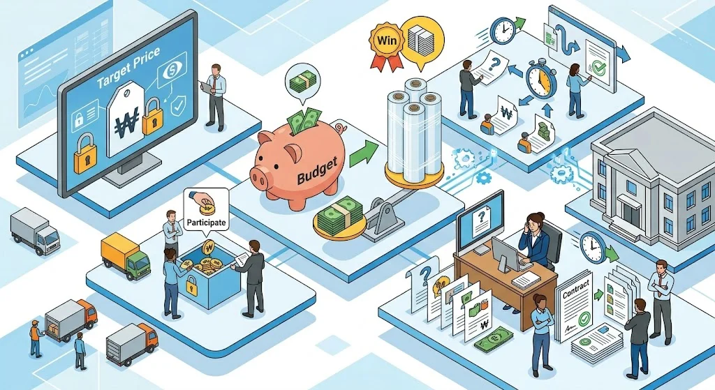디지털 조달 및 물류 프로세스를 아이소메트릭으로 표현한 일러스트레이션입니다. '대상 가격', '예산', '계약' 등의 텍스트가 있는 다양한 플랫폼이 파란색 데이터 스트림으로 연결되어 제안 제출, 평가, 공급업체 선정, 최종 계약까지의 흐름을 보여줍니다.