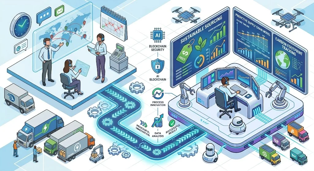 서류와 전화 위주의 복잡하고 비효율적인 기존 수기 조달 방식이, 데이터 대시보드와 자동화 시스템을 갖춘 효율적인 디지털 전자구매 솔루션으로 혁신되는 과정을 대비하여 보여주는 아이소메트릭 일러스트입니다.