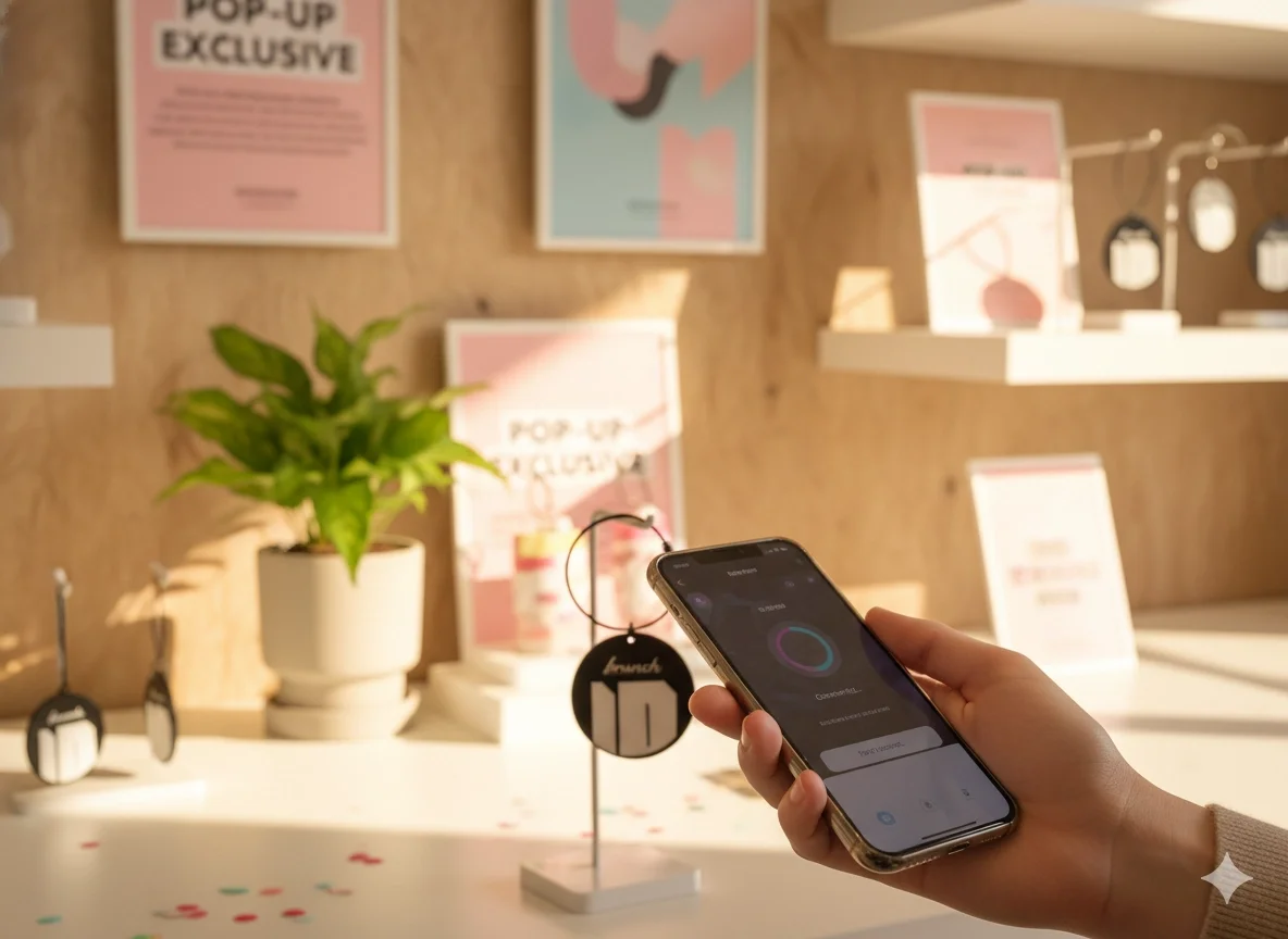 팝업스토어에서 NFC 키링으로 스마트폰 태그하는 모습