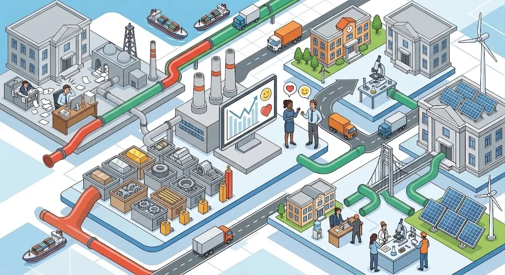 비효율적이고 복잡한 기존 업무 환경이 최적화된 시스템 파이프라인을 거쳐, 연구 시설, 학교, 친환경 에너지 인프라 등 더 가치 있는 분야로 자원이 선순환되는 과정을 직관적으로 표현한 아이소메트릭 일러스트입니다.