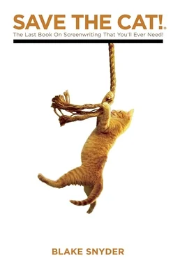 Book cover of Save the Cat! The Last Book on Screenwriting That You’ll Ever Need! by Blake Snyder. The cover has a plain white background with large orange title text at the top reading “SAVE THE CAT!” and a smaller black subtitle underneath. In the center, an orange tabby cat hangs dramatically from a frayed rope, referencing the screenwriting concept of creating audience sympathy. The author’s name, “BLAKE SNYDER,” appears in orange at the bottom. This is a well-known screenwriting book about story structure, plot beats, and screenplay writing.