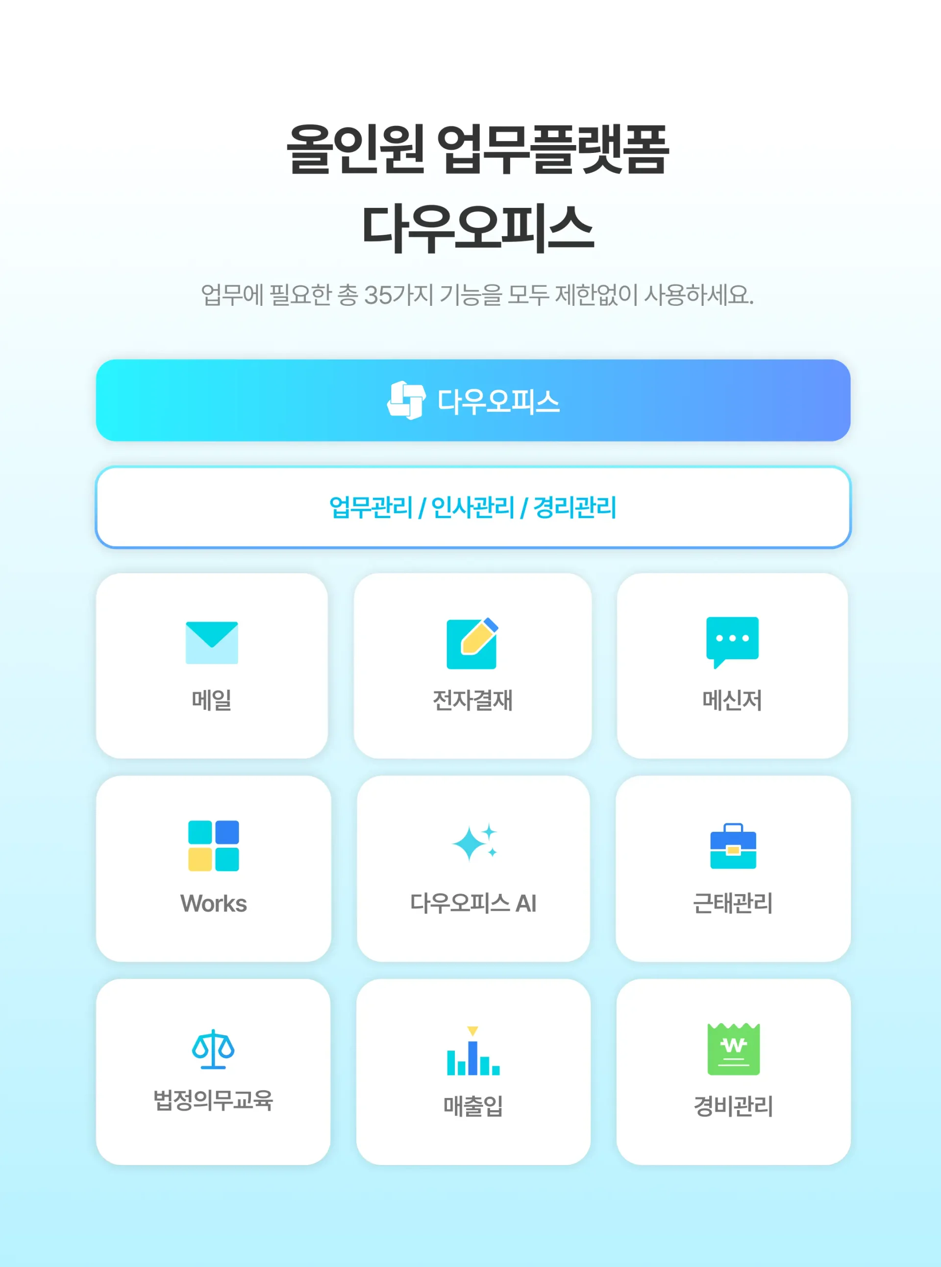 업무에 필요한 총 35가지 기능 이미지
