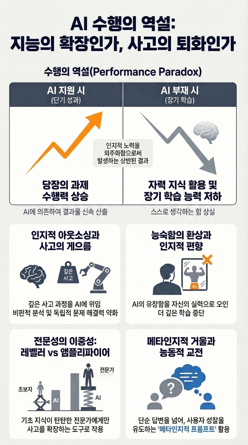 챗GPT 등 AI 과의존으로 인한 사고력 저하와 인지 부채 발생 과정을 분석한 AI 수행의 역설 인포그래픽. 단기 성과 상승과 장기 학습 능력 퇴화 비교 및 메타인지 프롬프트 활용법 포함