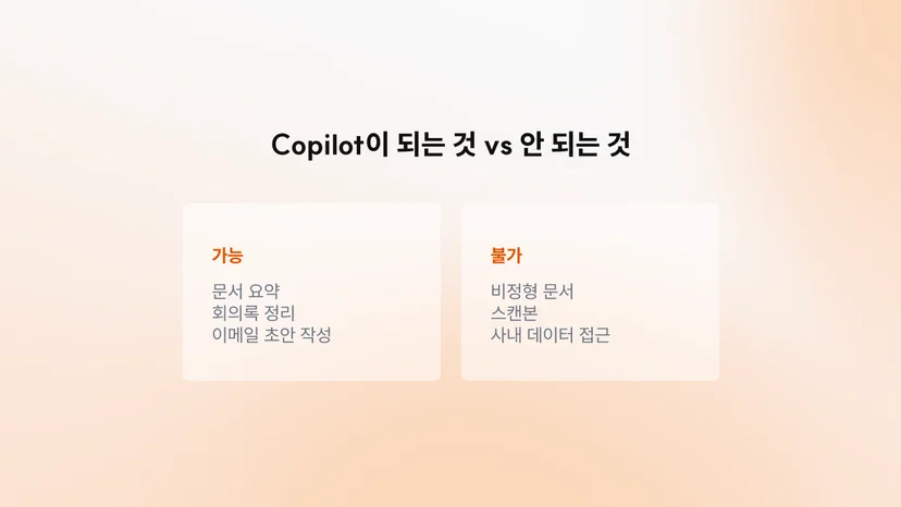 Copilot의 개인 생산성 기능과 기업 비정형 데이터 한계 비교