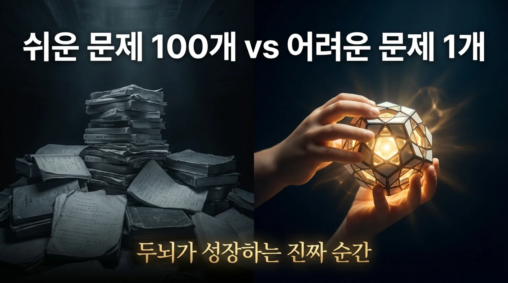 쉬운 문제 100개 vs 어려운 문제 1개 — 왼쪽에 쌓인 문제지 더미와 오른쪽에 빛나는 다면체를 손으로 쥔 모습의 대비 이미지