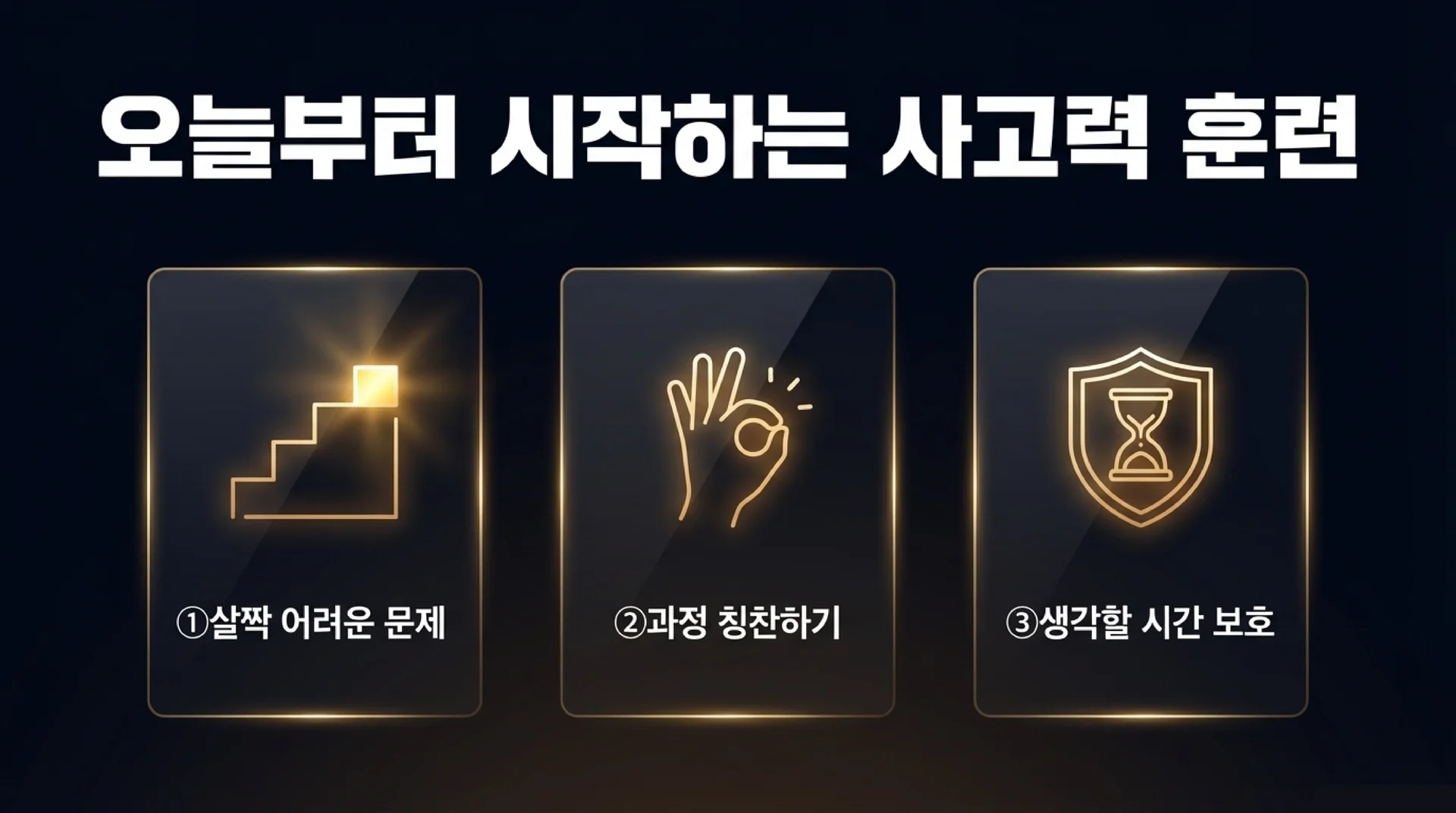 오늘부터 시작하는 사고력 훈련 3단계 — 계단 아이콘(살짝 어려운 문제), OK 손 아이콘(과정 칭찬하기), 방패 속 모래시계 아이콘(생각할 시간 보호) 3개의 카드