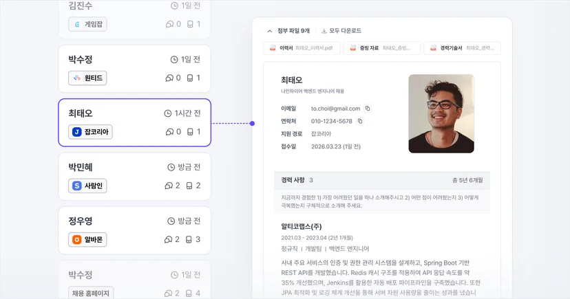 잡코리아·사람인·원티드 지원자 정보가 자동 통합되는 나인하이어 지원자 관리 화면