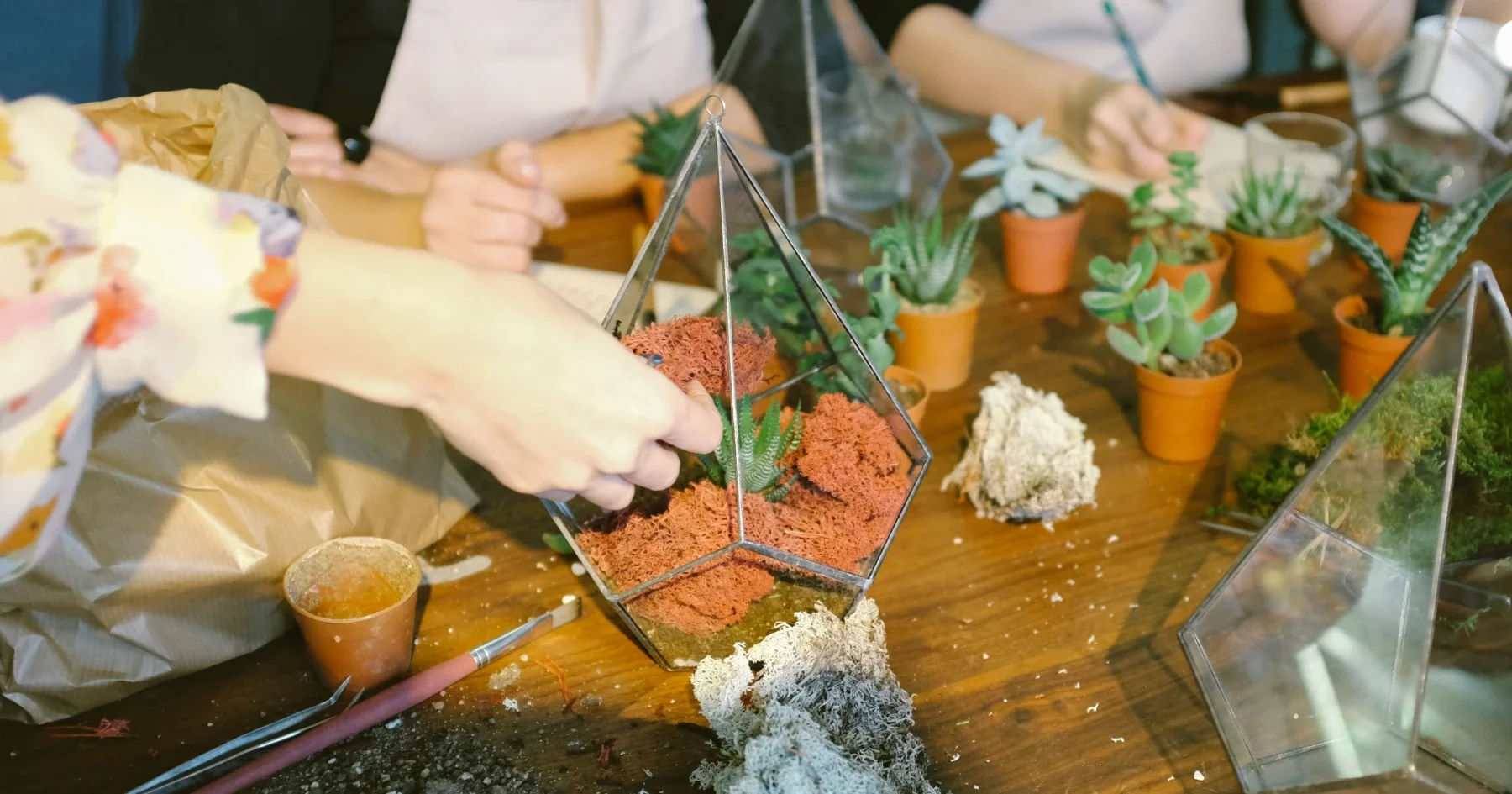 다육식물을 활용해 테라리움을 만드는 모습. 오브제 안에 흙을 넣고 식물을 심고 있다.