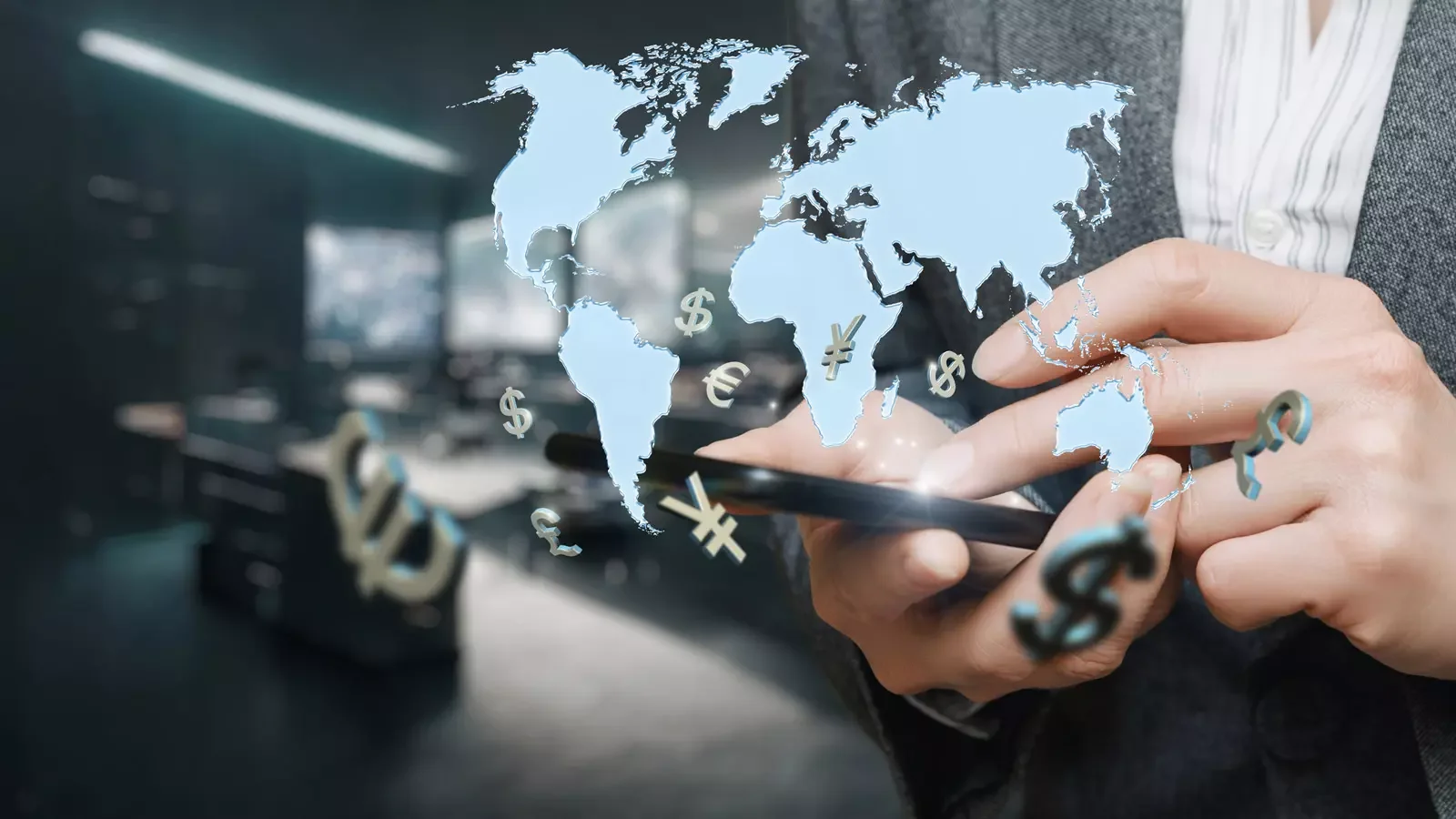 스마트폰을 활용한 글로벌 외환 거래와 세계 지도 그래픽