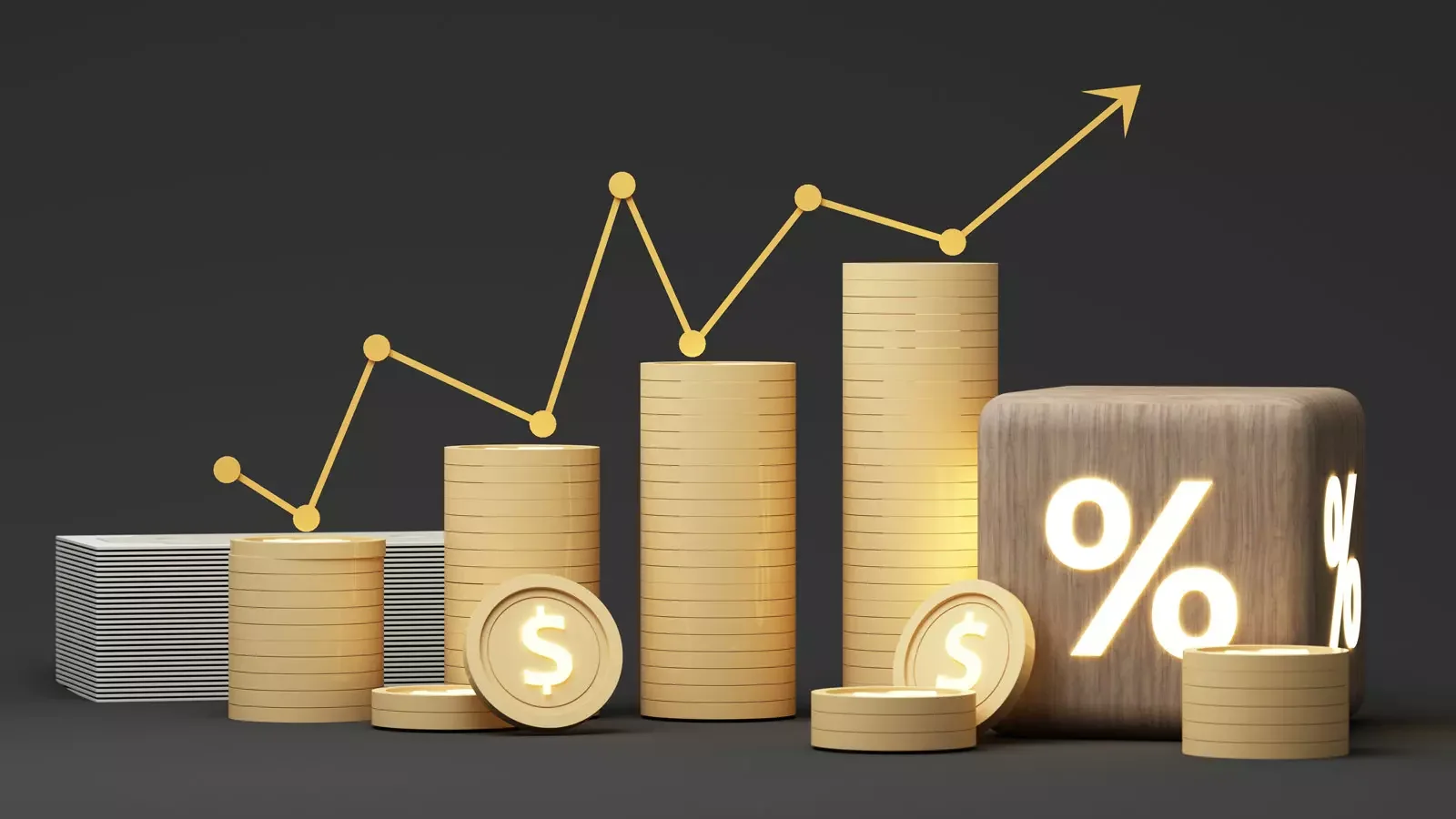 금전적 가치 상승을 나타내는 달러 코인 스택과 상승 곡선 그래프