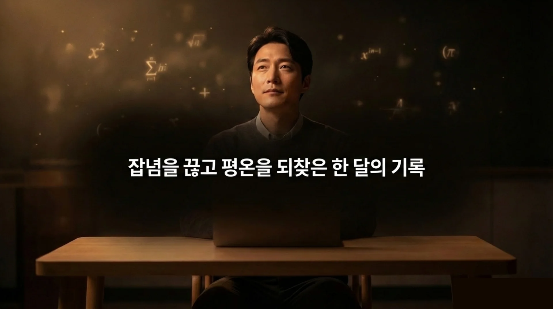 수학 공식들이 배경에 떠오르는 가운데 책상 앞에 앉은 남성. '잡념을 끊고 평온을 되찾은 한 달의 기록' 문구